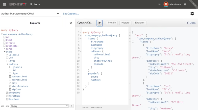 screenshot of Brightspot GraphQL query interface
