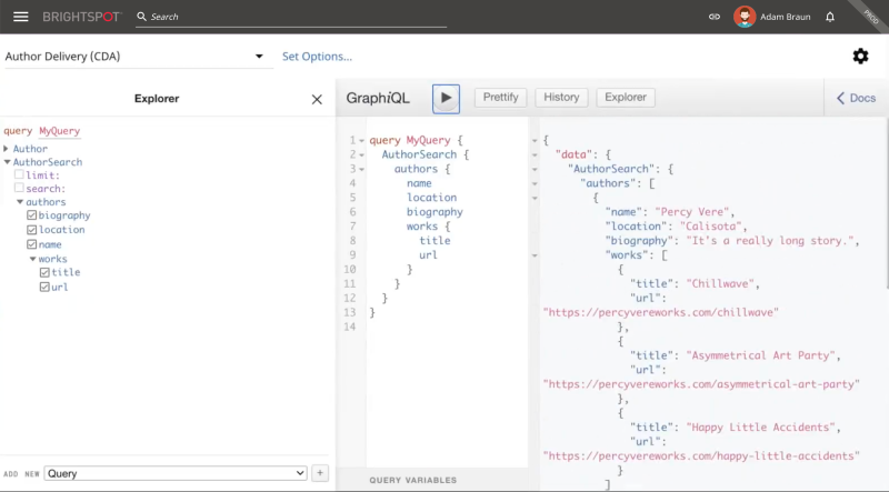 screenshot of Brightspot GraphQL query interface
