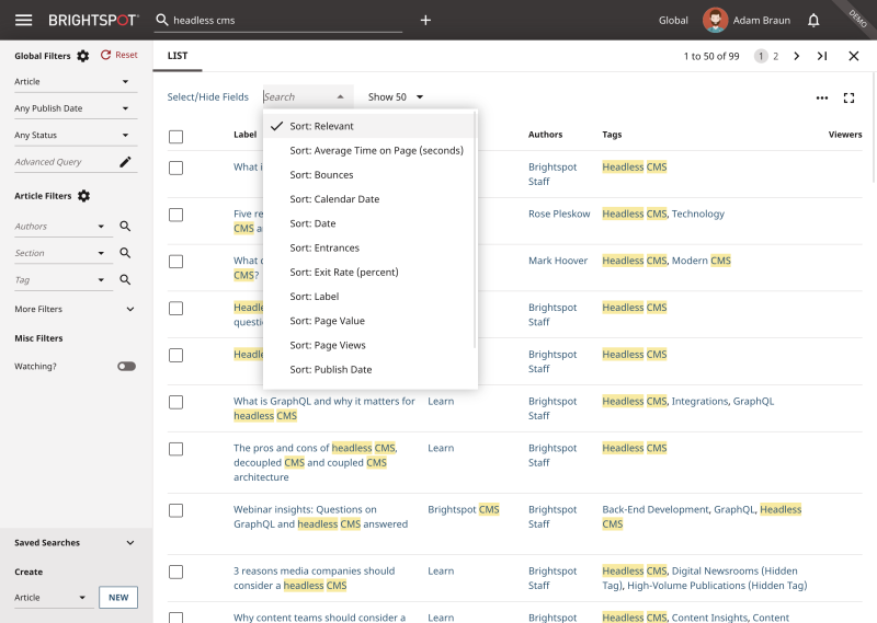 Brightspot CMS search tips screenshot