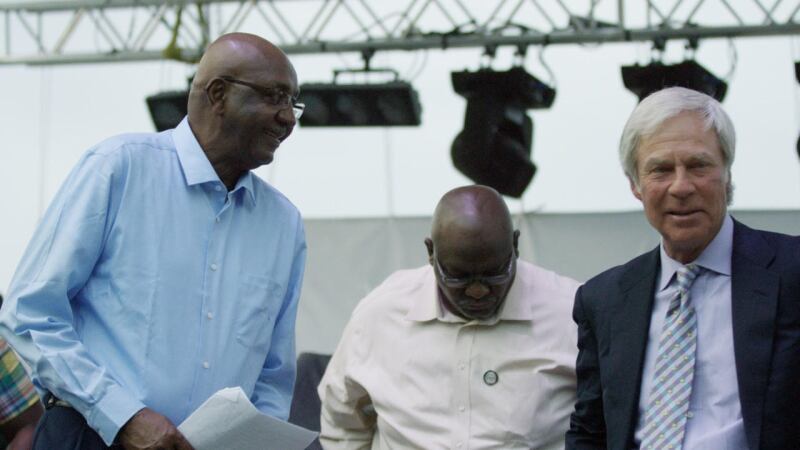 Golfer Tom Watson and director Jason Baffa in Pebble Beach, Calif., following an interview for “Loopers: The Caddie’s Long Walk.”