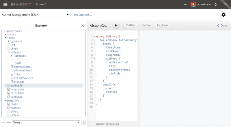 screenshot of Brightspot GraphQL query interface