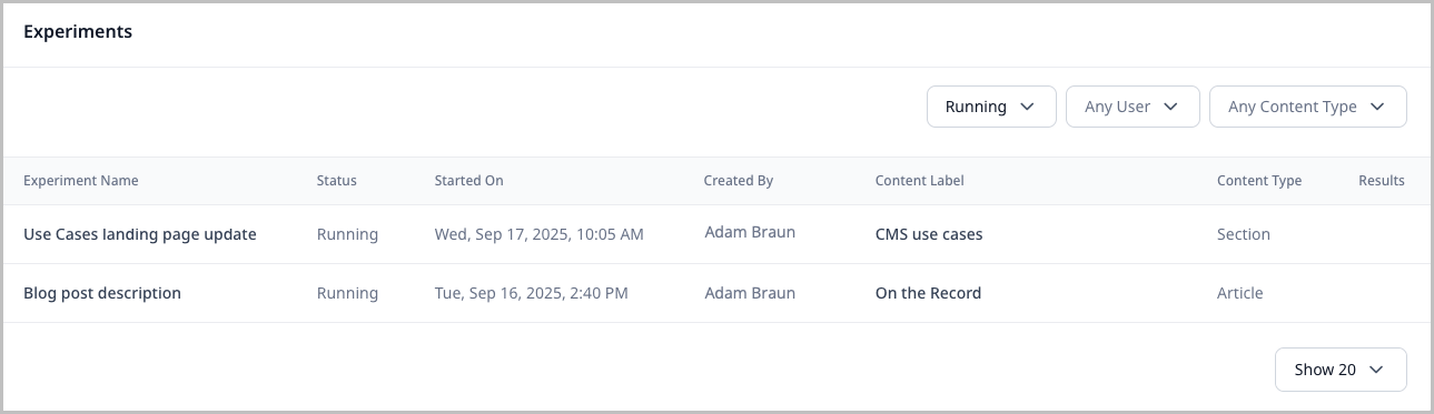 Experiments widget